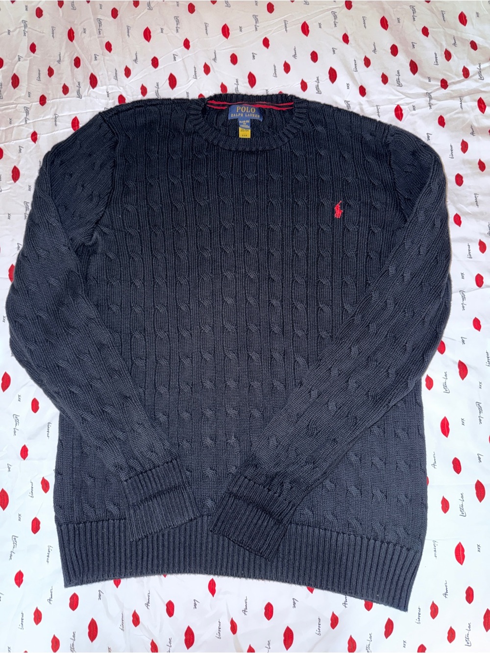 Polo by Ralph Lauren Black Cable-Knit Sweater Crewneck with Red Pony Boys XL